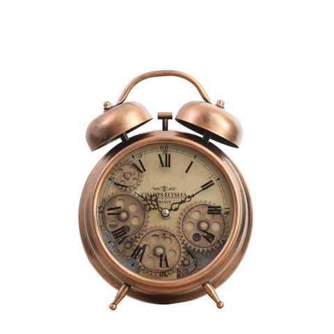 Newton copper bell exposed gear movement bedside clock