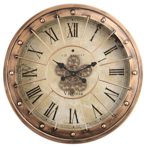 Bassett industrial copper round exposed gear movement wall clock