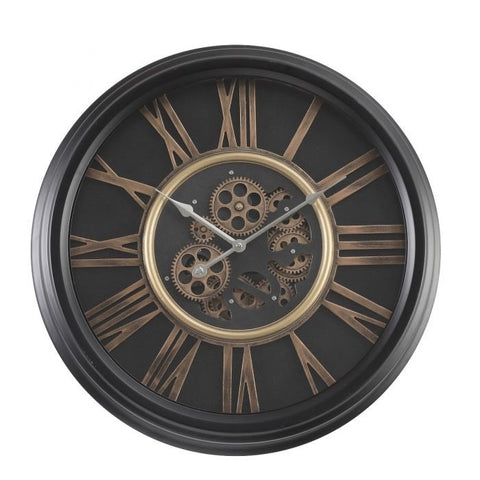William round black exposed gear movement wall clock