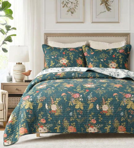 Winter Garden Bedspread Coverlet set Single Queen King Super 100% Cotton Green Floral