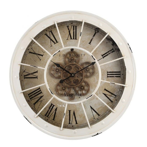Bassett white round industrial exposed gear wall clock