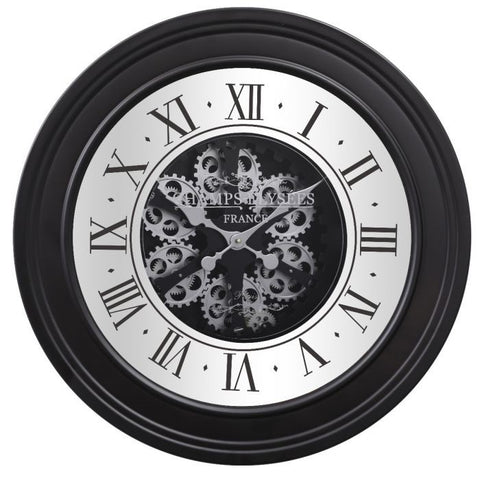 French mirrored round exposed gear movement wall clock