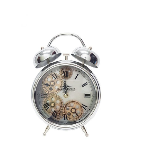Newton silver bell exposed gear movement bedside clock