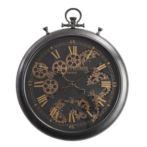 French black chronograph round exposed gear movement wall clock