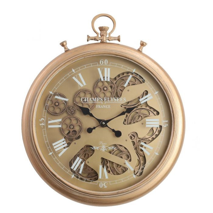 French gold chronograph round exposed gear movement wall clock from Chilli Temptations