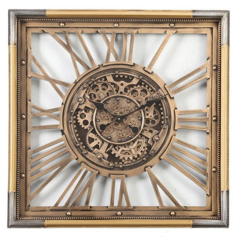 Roma gold square exposed gear movement wall clock