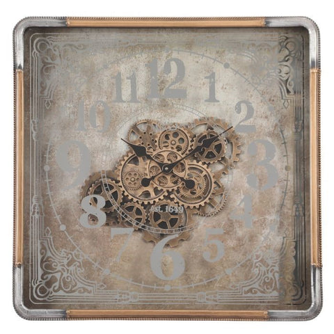 Roma mirrored gold square exposed gear movement wall clock