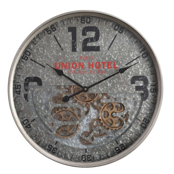 Paris Union Hotel modern round exposed gear movement wall clock in silver from Chilli Temptations
