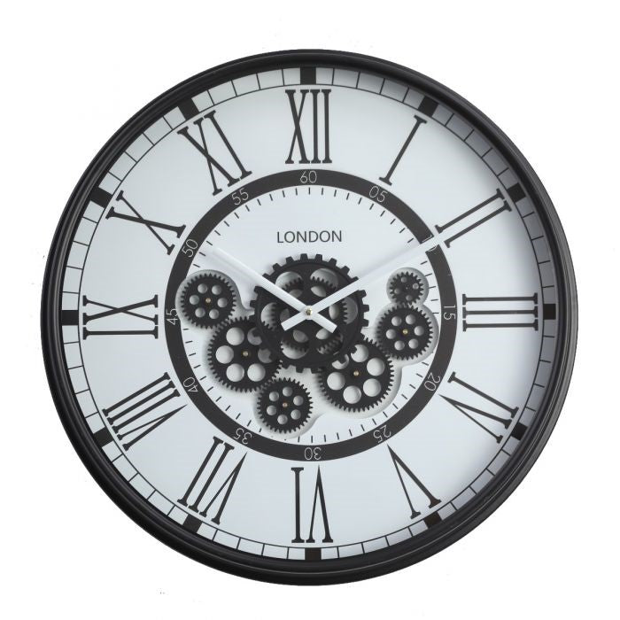 London modern round black and white exposed gear movement wall clock from Chilli Temptations