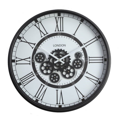London modern round black and white exposed gear movement wall clock