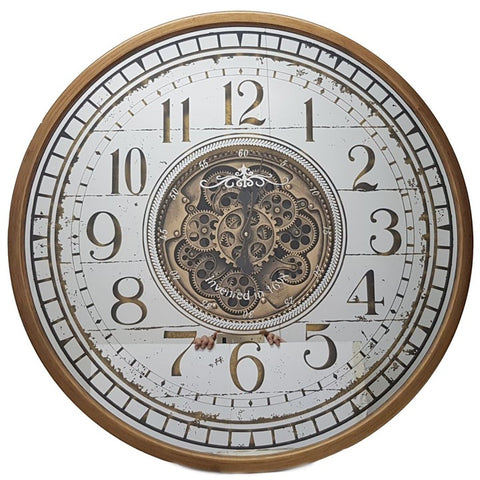 Chateau mirrored round gold exposed gear movement wall clock